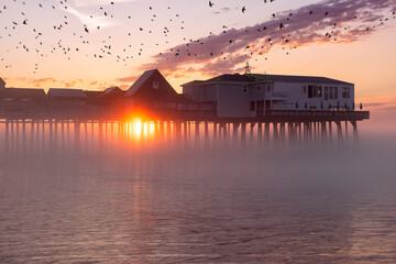 Pier in fog at dawn. A famous place on the coast of the Atlantic Ocean. Old pier. USA. Maine. Old...