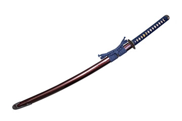 Japanese sword with navy blue cord   steel fitting and shiny crimson red scabbard on white...