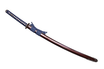 Japanese sword with navy blue cord   steel fitting and shiny crimson red scabbard on white background. Selective focus.