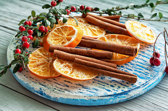 cinnamon sticks and dried orange slices. Winter Ingredients.