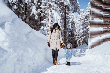 portrait of a mother walking with her kid in snowy mountain