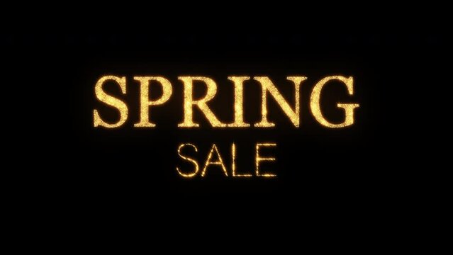Spring Sale golden shine flickering text animation on black background. Spring Sale text with looping flickering gold glowing light texture.