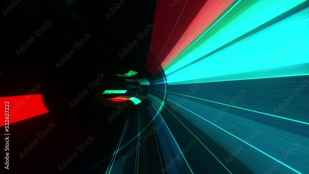Poster abstract red blue glow futuristic digital hyper space tunnel sci-fi flickering light background. 4k 