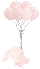 adorable pink rabbit bunny flying by pink balloons watercolor nursery cartoon