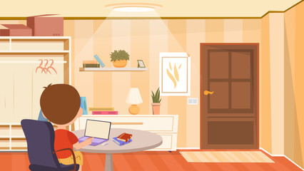 Remote education concept. Preschooler boy or school student listens to online lesson on laptop. Home study. Elearning and knowledge acquisition. Homework or webinar. Cartoon flat vector illustration