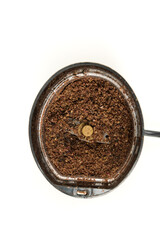 Dried ground sumac powder in a spice grinder top down