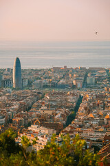 Obraz premium Cityscape view of Barcelona from Bunkers del Carmel at Sunrise with eixample streets and view of the sea