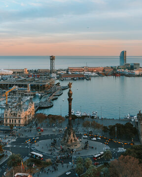 Aerial View of Barcelona city port maremagnum at sunset 