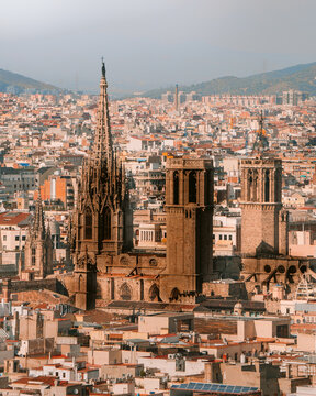 Barcelona Cathedral rooftop view in the old town area of  Gotic with the city perspective urbanisation 