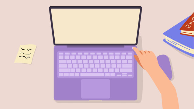 Online education concept. Hand of preschooler or child starts or turns on laptop or digital device to view remote school lessons. Elearning and knowledge acquisition. Cartoon flat vector illustration