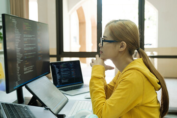 Programmer is coding and programming software.
