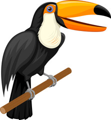 Vector illustration of a happy cartoon toucan on a wooden perch.