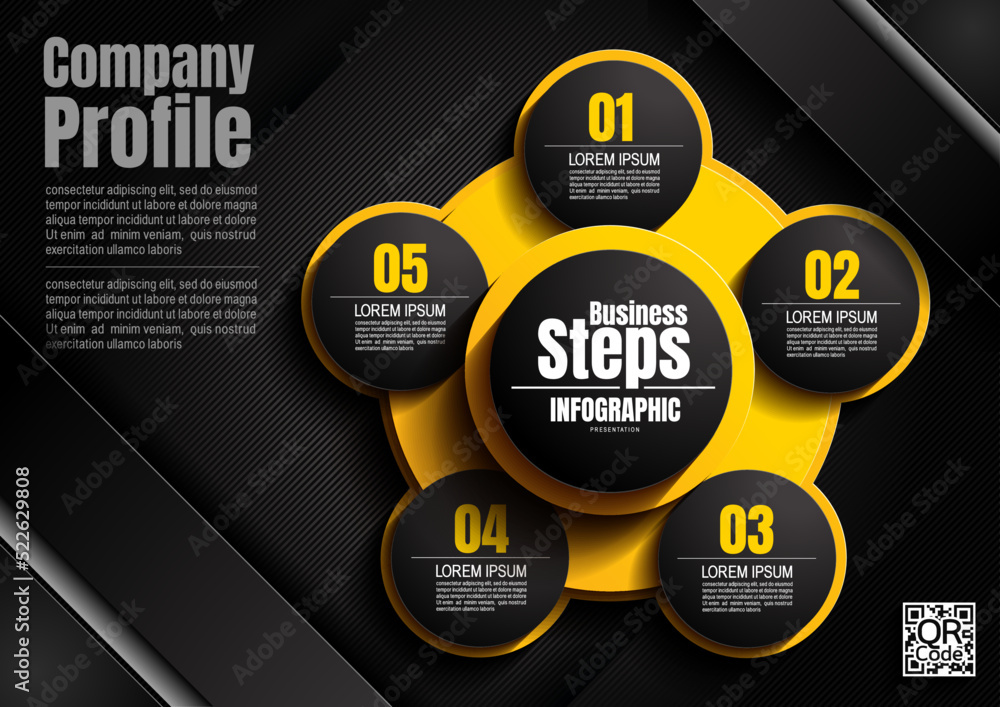 Wall mural infographics design, 5 process chart diagram template for presentation workflow, abstract timeline e