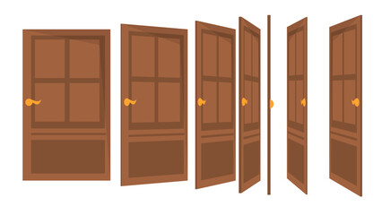 Door for animation. Set of sprites of different stages of closing or opening wooden door. Entering or leaving house. Design for videos. Cartoon flat vector collection isolated on white background