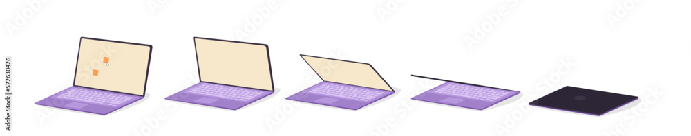 Poster laptop closing animation elements. set of digital device shutdown or close steps. gadget with differ