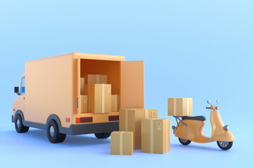 E-commerce concept, Delivery service on mobile application, Transportation delivery by truck, 3d illustration
