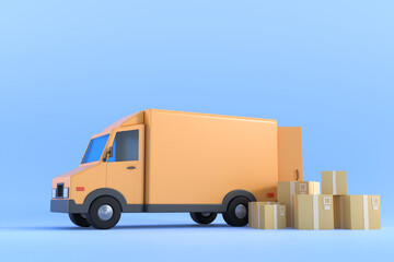 E-commerce concept, Delivery service on mobile application, Transportation delivery by truck, 3d illustration