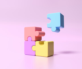 Cartoon hands connecting jigsaw puzzle. Symbol of teamwork, cooperation, partnership, Problem-solving, business concept. 3d illustration