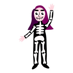 Skeleton costume girl for Halloween vector illustration. Happy waving girl with skull makeup and skeleton costume isolated on white. Funny hand-drawn cartoon girl is ready for Halloween party