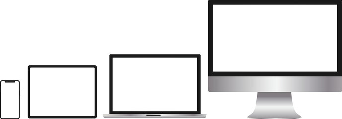 Set of monitor screen, laptop, tablet, smartphone smart phone, tablet pc, isolated for design work empty free space mock up
