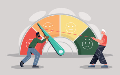 Performance rating concept. Men near scale with gradation, buyers evaluate goods and services on Internet. Marketing indicator. Consumer opinion, customer feedback. Cartoon flat vector illustration