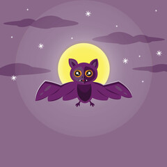 halloween celebration with bats on purple background and full moon