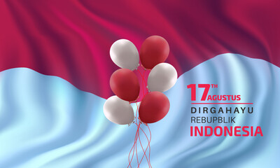 Wavy red and white flag background decorated with realistic balloons. Suitable for the background of the 17 August celebration of Indonesia independence day. 