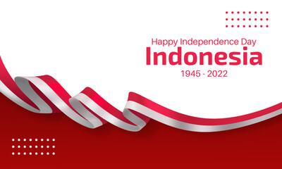 Happy Indonesia Independence Day. banner template with red and white flag ribbon decoration on white background