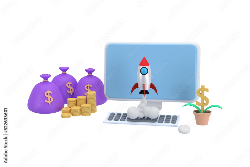 Poster 3d. computer and a pile of coins with a bag of money. a rocket soared up on sky. business idea.