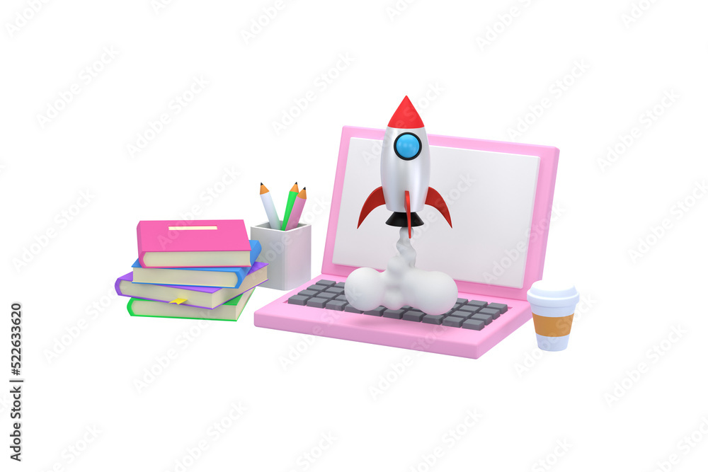 Aufkleber 3d. notebook computer education a rocket soared up on sky.