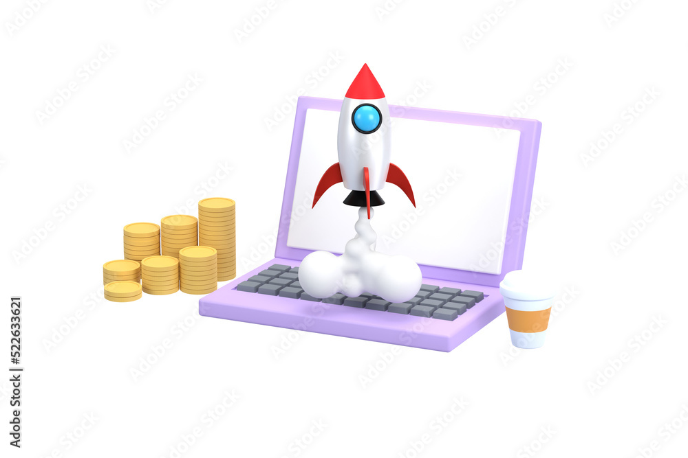 Poster 3d. notebook computer and coins, a rocket soared up on sky. concept business startup.