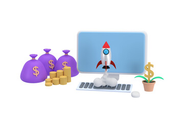 3D. computer and a pile of coins with a bag of money. A rocket soared up on sky. business idea.