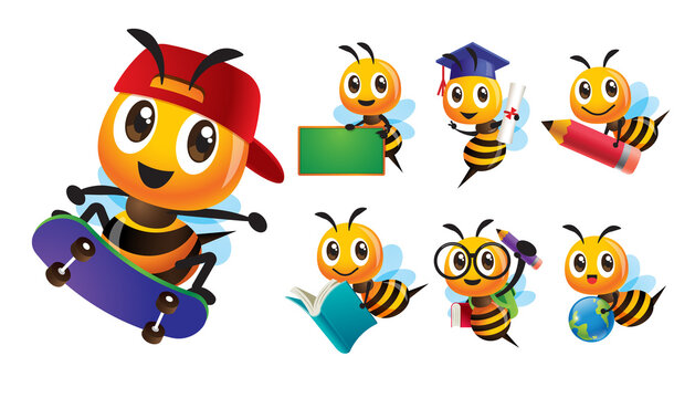 Collection bee cartoon series in different poses and activities, skating, holding pencil, book, globe and blackboard. Bee mascot set illustration