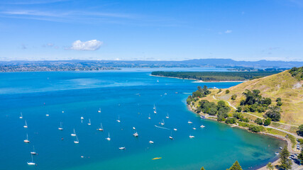 Fototapeta na wymiar Aerial View from Houses close to the Beach, Green Trees, Mountain, Mount Maunganui, Boats in Tauranga, New Zealand - Bay of Plenty