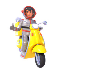 3d render of astronaut in space suit riding yellow scooter. Super fast delivery service to any place or location. Food delivery mascot