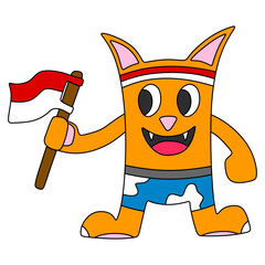 An illustration of a cute orange cat holding an Indonesian flag