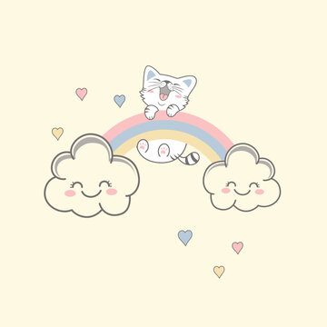 Vector illustration of happy cute cat playing in the cloud