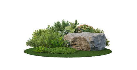 Garden with shrubs and stones on a transparent background.