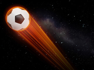 Fototapeta premium The soccer ball flies with magic speedy effect in high-tech futuristic orange flames showing a black background with stars.