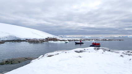 Zodiac inflatable boat from an expedition cruise ship at Portal Point, in Antarctica
