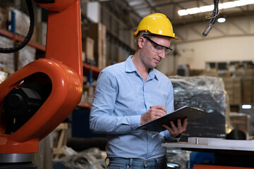 Engineer wearing helmet and hi visible vest working in factory welding robotic automation...