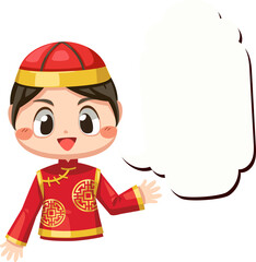 Boy Wearing Cheongsam Clothes with Speech Bubble