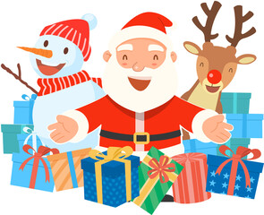 Santa Claus, Snowman and Reindeer with Gift Boxes Illustration