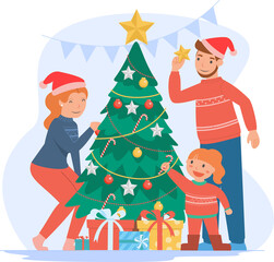 Family Decorating a Tree Illustration