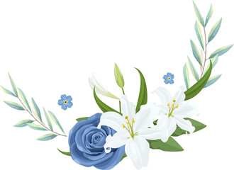 Fototapeta na wymiar Blue and White Flowers Blossom with Leaves for Decorative Element