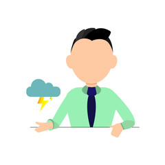 a young man shows a weather forecast with a thunderstorm. Vector illustration