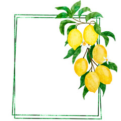 Watercolor hand drawn frame poster with yellow lemons and green leaves. Summer fruit citrus border with modern minimalist glitter lines for wedding cards invitations, nature design illustration.
