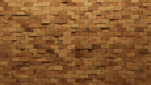 3D Tiles arranged to create a Timber wall. Rectangular, Wood Background formed from Natural blocks. 3D Render