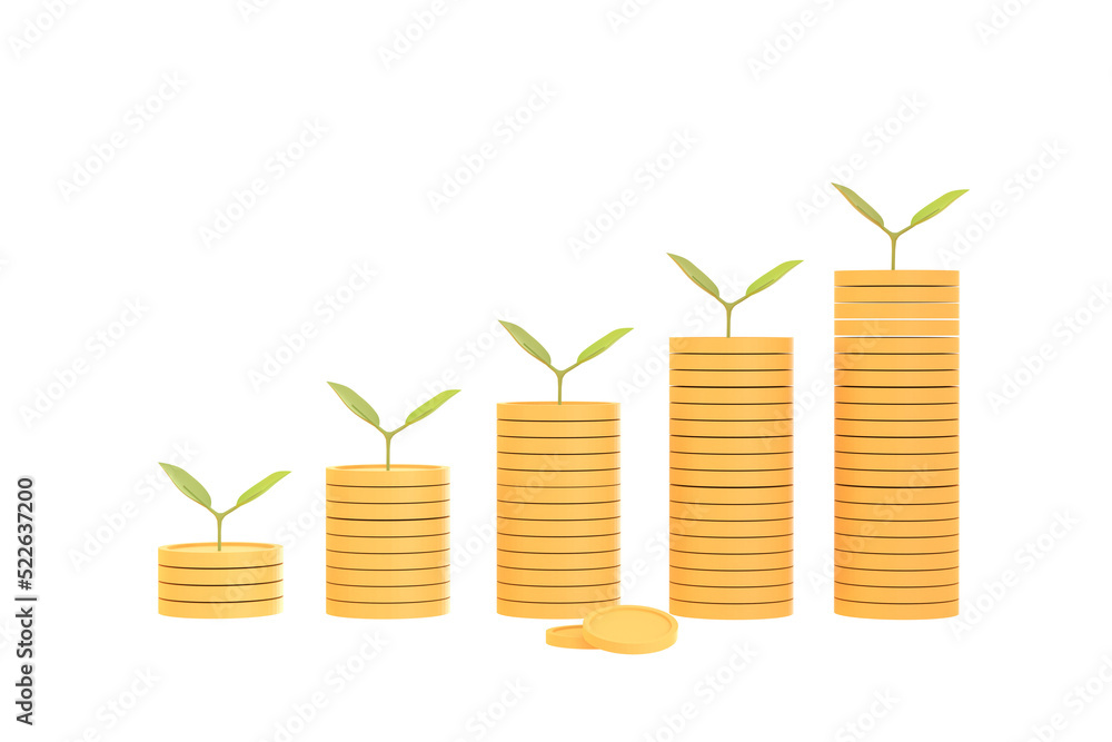 Poster 3d. cartoon tree on pile of coins are lined up from small to large size shown in the form of a graph