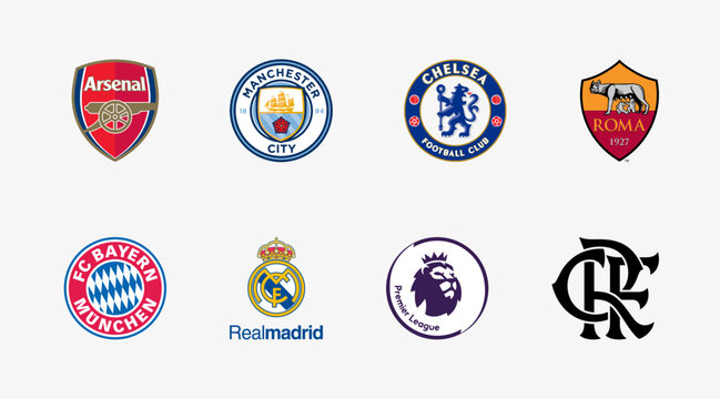 Popular Sports Clubs Logo: Chelsea FC, Premier League, A.S. Roma, Real Madrid, CR Flamengo, Arsenal, FC Bayern Munchen, Manchester City FC. Editorial Vector Logo Collection.